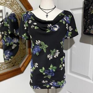 NWT Vintage 90s Worthington Black & Purple Floral Cowl Neck Short Sleeve Top 14